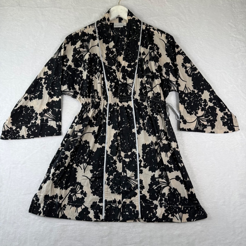 Kiyomi‎ Black Cream Floral Kimono Wrap Dress Elastic Waist Size M Loungewear